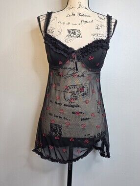 Nature Intimates Black Sheer Mesh Babydoll Chemise with Pink Heart Embroidery.